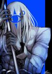  1boy abs blue_eyes cue_stick dark-skinned_male dark_skin guilty_gear guilty_gear_xrd hair_over_one_eye highres holding_cue_stick long_hair long_sleeves looking_at_viewer male_focus nankou_(koutanan) upper_body venom_(guilty_gear) white_hair 