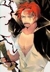  1boy bearkumachan black_coat buttons coat energy highres holding holding_sword holding_weapon male_focus one_piece open_mouth pectoral_cleavage pectorals red_hair scar scar_across_eye shanks_(one_piece) shirt solo sparse_stubble sword teeth weapon white_eyes white_shirt 