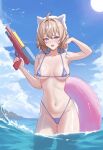  1girl ahoge bare_arms bare_shoulders bikini black_choker blonde_hair blue_bikini blue_eyes blue_sky chinoa choker cloud commentary commission day hair_intakes halterneck highres holding holding_water_gun honkai:_star_rail honkai_(series) innertube looking_at_viewer lynx_landau micro_bikini navel open_mouth second-party_source short_hair skeb_commission sky solo standing stomach swim_ring swimsuit thighs wading water water_gun white_hat 