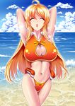  absurdres aoi_toori arms_behind_head bad_id bad_pixiv_id beach bikini blonde_hair breasts cleavage_cutout closed_eyes cloud covered_nipples day highres kyoukaisenjou_no_horizon large_breasts long_hair mizutsuki_rei ocean outdoors sky solo sparkle swimsuit 