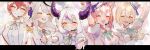  5girls ahoge animal_ears arm_up blonde_hair braid chihaya_510 closed_eyes fang grey_hair hakui_koyori hat head_wings highres hololive hololive_idol_uniform_(bright) holox horns kazama_iroha la+_darknesss long_hair microphone mini_hat mini_top_hat multiple_girls pink_hair pink_nails purple_nails reaching reaching_towards_viewer sakamata_chloe short_hair skin_fang smile takane_lui top_hat virtual_youtuber wings wolf_ears wrist_cuffs 