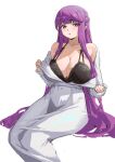  1girl absurdres black_bra blush bra breasts cleavage dress fern_(sousou_no_frieren) highres huajitian large_breasts long_hair long_sleeves looking_at_viewer purple_eyes purple_hair simple_background sitting solo sousou_no_frieren underwear very_long_hair white_background white_dress 