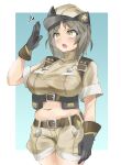  1girl absurdres alchemy_stars belt belt_pouch black_gloves blush breasts brown_hair brown_shirt brown_shorts crop_top feet_out_of_frame female_illumina_soldier_(alchemy_stars) gloves highres large_breasts midriff military_uniform namomihagi010 navel open_mouth plump pouch salute shirt short_hair short_sleeves shorts simple_background solo sweatdrop teeth turtleneck uniform upper_teeth_only yellow_eyes 