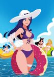  4girls ahri_(league_of_legends) animal_ears artist_name ball beachball bikini black_bow black_hair blonde_hair blue_eyes bow breasts caitlyn_(league_of_legends) chewing_gum cleavage day doughnut_innertube drill_hair fox_ears fox_girl fox_tail green_innertube gwen_(league_of_legends) hair_bow hat highres holding holding_swim_ring inflatable_toy innertube jewelry league_of_legends long_hair lux_(league_of_legends) multiple_girls navel o-ring open_clothes outdoors pool_party_(league_of_legends) pool_party_caitlyn purple_bikini purple_hair red_bikini smile sun_hat swim_ring swimsuit tail teddy_teddd twin_drills water yellow_innertube 