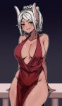  1girl 7a_(se7ena) animal_ears bare_shoulders blush boku_no_hero_academia breasts cleavage covered_navel dark-skinned_female dark_skin dress hair_up highres large_breasts long_eyelashes long_hair looking_at_viewer mirko parted_bangs parted_lips pelvic_curtain plunging_neckline rabbit_ears rabbit_girl red_dress red_eyes sitting sleeveless sleeveless_dress smile solo thighs toned white_hair 