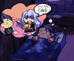  1boy 1girl bed blue_hair chibi closed_eyes closed_mouth felix_hugo_fraldarius fire_emblem fire_emblem:_three_houses highres holding holding_knife knife lysithea_von_ordelia meme night sleeping sweat sweatdrop white_hair wide-eyed 