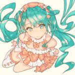  1girl aqua_eyes aqua_hair bad_id bad_pixiv_id bare_shoulders bow closed_mouth collarbone dress fifuth frilled_dress frills from_above hair_bow hatsune_miku long_hair looking_at_viewer orange_bow simple_background single_thighhigh sitting solo thighhighs twintails very_long_hair vocaloid white_background white_dress white_thighhighs 
