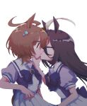  2girls absurdres agnes_tachyon_(umamusume) ahegao animal_ears brown_hair hand_on_another&#039;s_cheek hand_on_another&#039;s_face highres horse_ears horse_girl kiss long_hair manhattan_cafe_(umamusume) mekziro multiple_girls school_uniform simple_background umamusume very_long_hair white_background yuri 