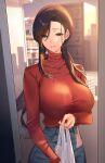  1girl absurdres bag blurry blurry_background breasts brown_eyes brown_hair denim hair_behind_ear highres huge_breasts jeans jewelry long_hair looking_at_viewer necklace original pants red_sweater shopping_bag sidelocks sino42 solo sweater town turtleneck turtleneck_sweater 