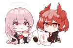  ! 2girls arknights black_capelet black_gloves capelet character_doll chibi closed_mouth collared_shirt commentary_request cropped_torso cup eyebrows_hidden_by_hair fiammetta_(arknights) gloves hair_between_eyes halo highres hiiragi_(hiragi_w_p_e) holding holding_cup lemuen_(arknights) long_hair long_sleeves looking_at_viewer multiple_girls necktie pink_eyes pink_hair red_eyes red_hair red_necktie shirt simple_background smile steam striped_clothes striped_shirt upper_body v-shaped_eyebrows vertical-striped_clothes vertical-striped_shirt very_long_hair white_background white_shirt 