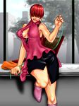  against_wall alternate_costume bare_shoulders boots breasts casual cleavage cleavage_cutout earrings hair_over_eyes jewelry kabane_(follabi) large_breasts nail_polish pink_footwear red_hair shermie short_hair skirt smile solo split_ponytail string the_king_of_fighters wide_hips 