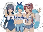  3girls ;d absurdres akemi_homura alternate_costume bare_shoulders beads bikini bikini_top_only black_hair blue_bikini blue_hair blue_hairband blue_nails blue_one-piece_swimsuit blue_sarong blue_shorts bow braid breasts brown_eyes brown_hair chinese_commentary cleavage_cutout clothing_cutout collarbone colored_eyelashes commentary_request cowboy_shot denim denim_shorts earrings fangs floral_print flower flower_earrings flower_necklace glasses grin hair_beads hair_ornament hairband hairpin hand_on_another&#039;s_back hand_on_another&#039;s_shoulder hand_up highres jewelry lei long_hair looking_at_viewer low_side_ponytail mahou_shoujo_madoka_magica mahou_shoujo_madoka_magica_(anime) midriff miki_sayaka multiple_girls navel one-piece_swimsuit one_eye_closed one_side_up open_mouth ouge_dz parted_bangs purple_eyes ring sakura_kyoko sarong scrunchie short_shorts shorts simple_background smile standing star_(symbol) star_hair_ornament swimsuit twin_braids v visor_cap water weibo_logo weibo_username white-framed_eyewear white_background white_bikini white_bow white_hat wrist_scrunchie 