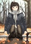  1girl absurdres autumn autumn_leaves bare_tree bench black_hair black_jacket black_pantyhose blunt_bangs blurry blurry_background blush bob_cut brown_eyes brown_hair closed_mouth coat commentary_request day feet foot_focus fringe_trim full_body grey_scarf grey_skirt highres jacket leaf legs long_sleeves looking_at_viewer mbr90munouk medium_hair no_shoes open_clothes original outdoors pantyhose scarf shorts signature sitting skirt smile soles solo toes tree twitter_username watermark white_scarf winter_clothes 