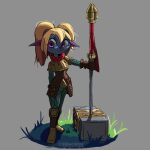 absurd_res armor blonde_hair clothing fangs female hair hammer hi_res humanoid humanoid_pointy_ears invalid_tag league_of_legends mechtal poppy_(lol) purple_eyes riot_games scarf solo teeth tools yordle