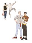  2boys akaashi_keiji animal_print arms_up backpack bag bird_print black_bag black_eyes black_footwear black_hair blue_pants bokuto_koutarou brown_sweater chengongzi123 closed_mouth drink facing_away full_body grey_hair grey_pants grey_sweater haikyuu!! hand_up hands_on_own_hips highres holding holding_bag holding_drink jacket juice_box jumping long_sleeves male_focus multiple_boys multiple_views owl_print pants red_footwear shirt shoes short_hair simple_background smile sneakers standing sweater thick_eyebrows turtleneck turtleneck_sweater very_short_hair walking white_background white_footwear yellow_eyes yellow_shirt 