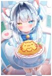  1girl absurdres ahoge animal_ear_fluff animal_ears apron bell blue_bow blue_bowtie blue_eyes blue_shirt blunt_bangs blush border bow bowtie cafe cat_ears cat_girl closed_mouth commentary dot_nose dutch_angle feet_out_of_frame fisheye food foreshortening garter_straps grey_hair hair_bow hair_intakes hair_ornament hairclip hands_up heart heterochromia highres holding holding_plate incoming_food indoors jitome komugi_(2212) long_bangs looking_at_viewer maid maid_headdress name_tag neck_bell omelet omurice original outside_border plate shirt skirt solo spoken_heart standing striped_clothes striped_skirt thighhighs white_apron white_border white_thighhighs yellow_eyes 