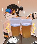 anthro beverage black_hair butt container cup eyewear felid fur hair hi_res kaionart looking_back male mammal orange_body orange_fur pantherine pink_nose simple_background solo sunglasses teeth teeth_showing tiger