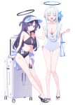  2girls bare_arms bare_legs bare_shoulders bikini black_bikini blue_archive blush breasts cellphone cleavage closed_eyes deadnooodles facing_viewer grey_hair halo highres holding holding_phone large_breasts long_hair looking_at_viewer mechanical_halo multiple_girls navel noa_(blue_archive) one-piece_swimsuit open_mouth phone purple_eyes purple_hair sandals simple_background smartphone smile star_(symbol) suitcase swimsuit white_background white_one-piece_swimsuit yuuka_(blue_archive) 