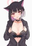  1girl absurdres animal_ears black_bra black_choker black_jacket blue_archive blush bra breasts cat_ears choker commentary extra_ears halo highres hood hooded_jacket jacket kazusa_(blue_archive) kirin3939 kirin_(kirin1023) large_breasts looking_at_viewer medium_hair multicolored_hair open_clothes open_jacket open_mouth partially_unzipped pink_hair pink_halo red_eyes simple_background solo two-tone_hair underwear 