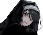  1boy bishounen black_hair blue_eyes close-up crossdressing highres konpeitou_(pixiv37354724) looking_at_viewer looking_back male_focus nun original portrait smile 