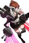 1girl absurdres adapted_turret ahoge anti-aircraft_gun arashi_(kancolle) ascot black_vest blush cannon dated depth_charge full_body gegeron gloves grey_thighhighs highres holding holding_turret kantai_collection long_hair looking_at_viewer machinery messy_hair neck_ribbon neckerchief pleated_skirt red_ascot red_hair ribbon rigging school_uniform shirt short_hair short_sleeves signature skirt smile smokestack solo thighhighs torpedo_launcher torpedo_tubes turret vest white_gloves white_shirt 