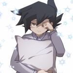  1boy black_hair closed_eyes collared_shirt facing_viewer green_eyes holding holding_pillow long_sleeves looking_at_viewer male_focus manjoume_jun medium_hair one_eye_closed p_baby_blue pajamas pillow shirt solo sparkle_background tears upper_body white_background white_shirt yu-gi-oh! yu-gi-oh!_gx 