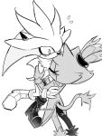  1boy 1girl blaze_the_cat blush carrying carrying_person closed_eyes gloves greyscale hetero highres kiss monochrome silver_the_hedgehog simple_background sketch sonic_(series) tail white_background zaoiinsta 