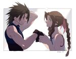  1boy 1girl aerith_gainsborough arm_behind_back black_gloves black_hair braid braided_ponytail brown_hair collarbone embarrassed final_fantasy final_fantasy_vii from_side gloves green_eyes looking_at_another shirt sleeveless sleeveless_shirt twitter_username upper_body vani_(hisha_04) zack_fair 