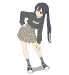  1girl black_hair brown_hair full_body k-on! looking_to_the_side nagasawa_reiko_(animator) nakano_azusa plaid plaid_skirt shoes simple_background skirt smile sneakers solo sweater twintails white_background 