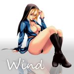  arm_support black_panties blonde_hair blue_eyes boots breasts cross cross_necklace crossed_ankles genderswap goenitz habit highres jacket jewelry knee_boots large_breasts lips long_hair midnight_bliss necklace no_bra open_clothes open_jacket panties pantyshot pantyshot_(sitting) popped_collar reflection sitting solo the_king_of_fighters toki_no_syo underwear 