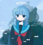  1girl arms_at_sides black_serafuku blue_eyes blue_hair blue_sailor_collar blue_sky blunt_bangs blunt_sidelocks closed_mouth drawn_wings expressionless fish halo highres light_blush long_hair looking_at_viewer mini_wings neckerchief original red_neckerchief sailor_collar school_uniform serafuku sidelocks sky solo sskitaco transparent_wings tree upper_body wings 