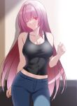  1girl alternate_costume black_shirt blue_pants breasts cleavage closed_mouth collarbone commentary_request contemporary denim engo_(aquawatery) fate/grand_order fate_(series) hair_between_eyes head_tilt jeans long_hair looking_at_viewer medium_breasts midriff_peek one_eye_closed pants red_eyes scathach_(fate) shirt sleeveless sleeveless_shirt smile solo very_long_hair 