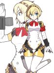  1girl absurdres aegis_(persona) android arm_up blonde_hair blue_eyes breasts closed_mouth commentary hair_between_eyes highres jeff_miga joints mechanical_legs medium_breasts multiple_views persona persona_3 red_ribbon ribbon robot_joints short_hair simple_background v-shaped_eyebrows white_background 