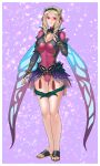  1girl absurdres alternate_costume blonde_hair breasts bridal_gauntlets cleavage commentary_request commission corruption cosplay covered_navel drill_hair emmeryn_(fire_emblem) facial_mark fairy_wings fake_wings fire_emblem fire_emblem_awakening fire_emblem_heroes forehead_mark full_body green_eyes hair_ornament hazuki_(nyorosuke) highres large_breasts leotard long_hair looking_at_viewer mind_control pink_leotard plumeria_(fire_emblem) plumeria_(fire_emblem)_(cosplay) sandals skeb_commission solo wings 