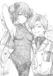  1boy 1girl armpits arms_behind_head arms_up artist_self-insert blue_archive breasts butterfly_hair_ornament china_dress chinese_clothes coat commentary covered_nipples dated double_bun dress english_text fkscrashing graphite_(medium) greyscale grin hair_bun hair_ornament half-closed_eyes highres kisaki_(blue_archive) medium_breasts mole mole_under_eye monochrome necktie original sideboob signature smile smug traditional_media twintails 