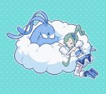  1girl altaria arm_warmers asymmetrical_sidelocks blue_footwear boots closed_eyes closed_mouth green_hair hands_up kneeling lisia_(pokemon) outline overskirt pokemon pokemon_(creature) pokemon_oras rii_(mrhc7482) scarf shorts single_thighhigh smile thighhighs vest 