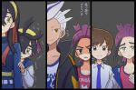  1girl 3boys :&lt; before_and_after belt black_hair blue_jacket brown_eyes brown_hair carmine_(pokemon) closed_mouth collarbone collared_shirt colored_inner_hair commentary_request drayton_(pokemon) eyelashes florian_(pokemon) flying_sweatdrops hairband jacket kieran_(pokemon) long_hair mole mole_on_neck mole_under_eye multicolored_hair multiple_boys necktie pokemon pokemon_sv riko_(m_momomo28) scared shaded_face shirt short_hair smile tearing_up trembling yellow_eyes yellow_hairband 