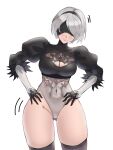  1girl 2b_(nier:automata) ass_visible_through_thighs black_gloves black_thighhighs blindfold bluepaint blush covered_navel gloves goddess_of_victory:_nikke hairband hands_on_own_hips highres leotard mole mole_under_mouth nier:automata nier_(series) puffy_sleeves simple_background solo thighhighs white_background 