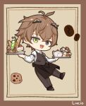  1boy alban_knox antenna_hair apron baguette black_eyes bread brown_hair cake cake_slice chibi coffee_beans collared_shirt commentary cookie cup drink food full_body green_eyes hair_ornament heterochromia holding holding_plate long_sleeves looking_at_viewer lucio_(lucioooo38) male_focus nijisanji nijisanji_en open_mouth pants plate shirt short_hair smile solo teacup teapot vest virtual_youtuber waist_apron waiter 
