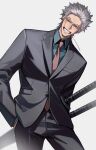  1boy absurdres alternate_costume black_jacket blue_eyes blue_shirt collared_shirt fate/grand_order fate_(series) formal grey_hair hair_slicked_back hands_in_pockets haruakira highres jacket male_focus mouth_hold nagakura_shinpachi_(fate) necktie pants scar scar_on_cheek scar_on_face shirt short_hair simple_background smile stalk_in_mouth sword weapon white_background 