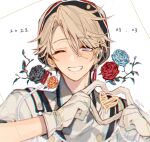  1boy black_flower blue_flower dated earrings ensemble_stars! flower gloves grin hat heart heart_hands jewelry looking_at_viewer narukami_arashi one_side_up parted_bangs red_flower sapphire_(nine) smile solo white_gloves yellow_flower 