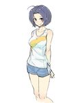  arms_behind_back bare_shoulders blue_hair breasts idolmaster idolmaster_(classic) looking_at_viewer medium_breasts mirai_denki miura_azusa red_eyes short_hair shorts simple_background smile solo sportswear tank_top white_background 