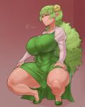 big_breasts breasts brown_background clothing crouching curved_horn demon demon_humanoid dress eyelashes female footwear green_clothing green_dress green_eyes green_footwear green_hair green_shoes hair hi_res horn horned_humanoid huge_breasts humanoid humanoid_pointy_ears long_hair looking_at_viewer mairimashita!_iruma-kun mrs._valac narrowed_eyes navel_outline nipple_outline ourobot shoes simple_background smile solo tan_body tan_skin thick_thighs topwear white_clothing white_topwear wide_hips yellow_horn