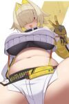  1girl belt black_belt black_sports_bra blonde_hair blush breasts commentary crop_top crop_top_overhang elegg_(nikke) exposed_pocket fang from_below gloves goddess_of_victory:_nikke grey_gloves hair_over_eyes hand_up highres large_breasts long_sleeves looking_at_viewer looking_down medium_hair multicolored_hair navel open_mouth plump purple_eyes short_shorts shorts simple_background smile sports_bra spread_legs stomach suspenders thick_thighs thighs two-tone_gloves two-tone_hair v wabimochi white_background white_shorts yellow_gloves zoom_layer 