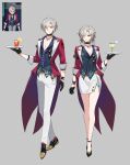  1boy 1girl 625light absurdres alternate_costume alternate_hairstyle breasts cleavage closed_mouth cosplay costume_switch full_body grey_hair highres long_sleeves looking_at_viewer pants photo_inset shoes simple_background skirt smile standing tray waitress 