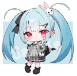  1girl black_bow black_footwear black_jacket blue_background blue_hair blush bow chibi closed_mouth collared_dress commentary dress ear_piercing earrings full_body hair_bow hair_ornament hairclip jacket jewelry kanae_(tsukiman) long_hair long_sleeves looking_at_viewer open_clothes open_jacket original piercing plaid plaid_dress puffy_long_sleeves puffy_sleeves rabbit_hair_ornament red_eyes sample_watermark shoes solo standing symbol-only_commentary tsukiman twintails two-tone_background very_long_hair watermark white_background 