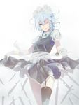  akai_kitsune bad_id bad_pixiv_id black_legwear blue_eyes braid garter_straps gloves hair_ribbon highres izayoi_sakuya knife maid maid_headdress one_eye_closed pocket_watch ribbon short_hair silver_hair simple_background single_thighhigh skirt skirt_lift smile solo thighhighs too_many too_many_knives touhou twin_braids watch white_gloves 