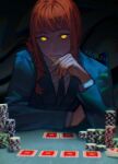  1girl blue_jacket blue_necktie blurry blurry_foreground card chainsaw_man closed_mouth glowing glowing_eyes hair_over_shoulder jacket keibleh looking_at_viewer makima_(chainsaw_man) necktie playing_card poker poker_chip pov_across_table red_hair ringed_eyes shirt signature solo table white_shirt 