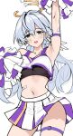  1girl alternate_costume arm_up armpits bandaid_on_stomach blue_hair commentary cowboy_shot crop_top facial_mark green_eyes highres holding holding_pom_poms honkai:_star_rail honkai_(series) long_hair looking_at_viewer matrix16 midriff miniskirt navel open_mouth pleated_skirt pom_pom_(cheerleading) robin_(honkai:_star_rail) skirt solo standing star_(symbol) stomach thigh_strap thighs very_long_hair white_skirt 