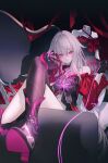  1girl black_choker black_gloves black_pantyhose boots bright_pupils choker couch crossed_legs dark_background flower gloves hair_ornament hand_on_own_face highres holding holding_string honkai_(series) honkai_impact_3rd jacket long_hair long_sleeves looking_down mannequin neon_(pixiv_31150749) on_couch pantyhose purple_eyes purple_ribbon red_flower red_jacket red_ribbon red_rose ribbon rose single_bare_leg single_bare_shoulder single_boot single_leg_pantyhose sitting smile string thelema_(honkai_impact) very_long_hair white_hair white_pupils 